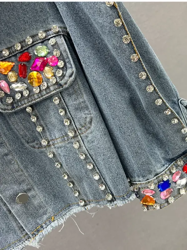Jaket Denim berlian warna-warni rumbai jaket Denim berlian Fashion wanita lengan panjang pakaian luar jaket mantel 2024 atasan baru musim panas