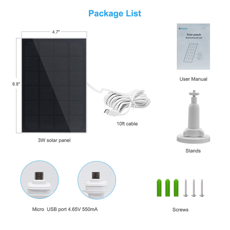 Unilook 3W Painel Solar Para Câmeras de Segurança Sem Fio Ao Ar Livre Apenas Bateria Recarregável Alimentado (Interface Tipo C) 10ft Cabo