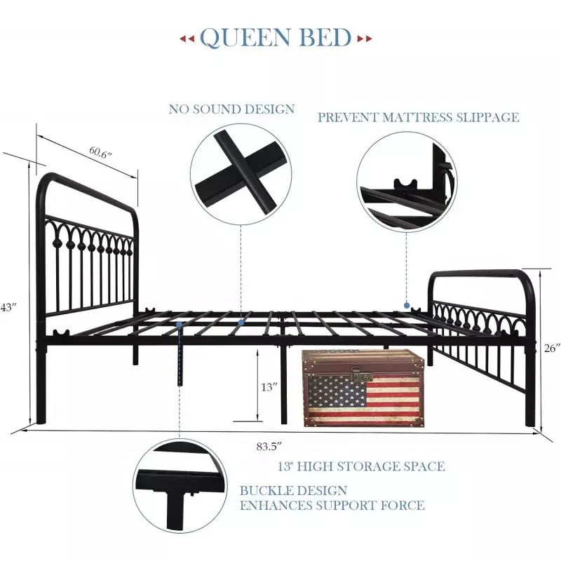 YALAXON-Marco de cama de Metal Vintage resistente, tamaño Queen, básico con cabecero y reposapiés, No necesita resorte de caja, almacenamiento debajo de la cama (Que