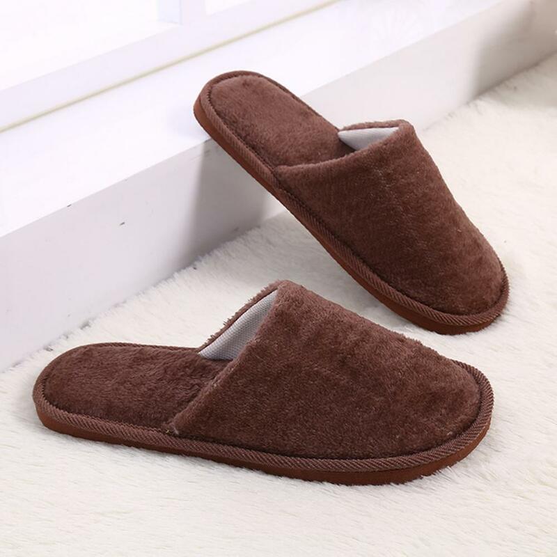 1 Pair Slippers Men Shoes Plush Solid Color Slip-on Soles Coldproof Flat Heel Couple Slides Fur Bedroom Shoes Floor Footwear