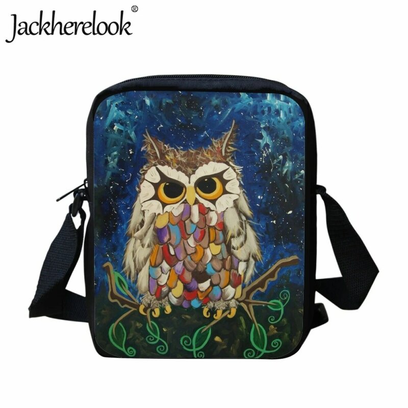 Jackherelook-Bolsa de mensajero para niños, bolso escolar de pequeña capacidad, diseño con estampado de búho artístico, bandolera para guardería