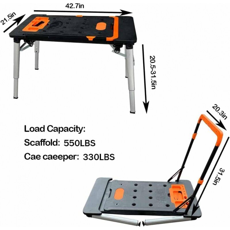 LEADALLWAY 7-in-1 Workbench Folding with Power Outlet and 33FT Long Power Cord Painted Work Table as Workbench, Scaffold,Platfor