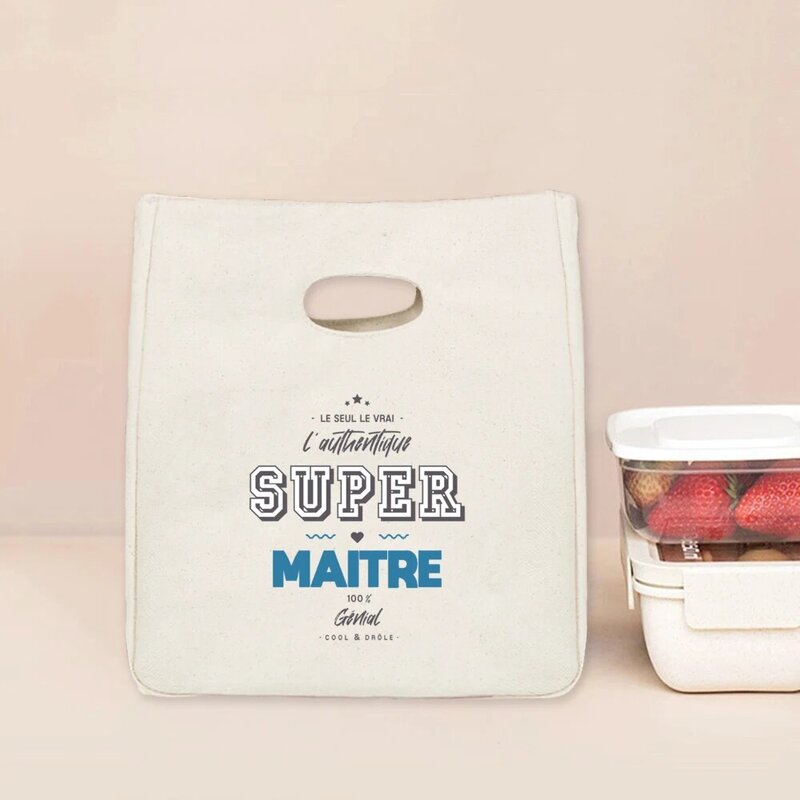 Bolsa de almuerzo con estampado de Super Maitre, bolsas térmicas aisladas, bolso enfriador de lona, bolsa de almacenamiento de alimentos, regalos de agradecimiento para profesores