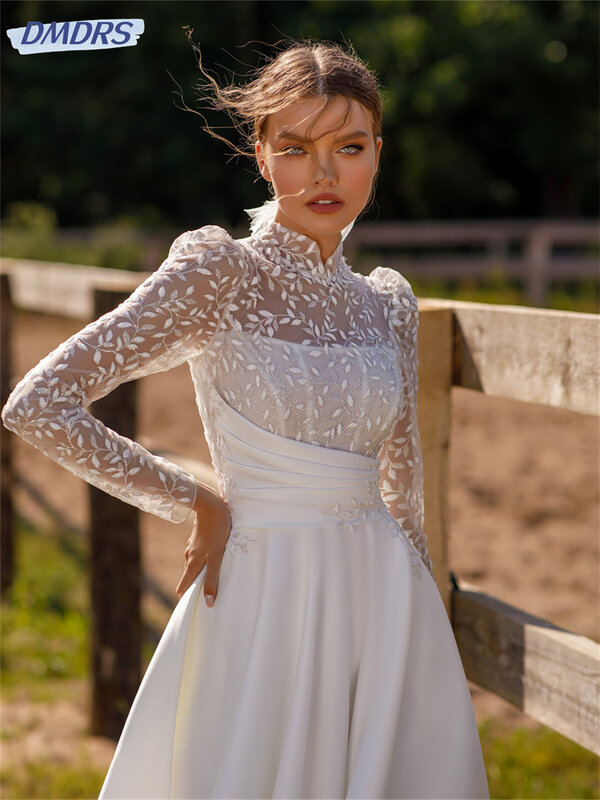 Элегантное свадебное платье с длинным рукавом 2024 Гламурное свадебное платье-трапеция классическое платье до пола с аппликацией платья для невесты