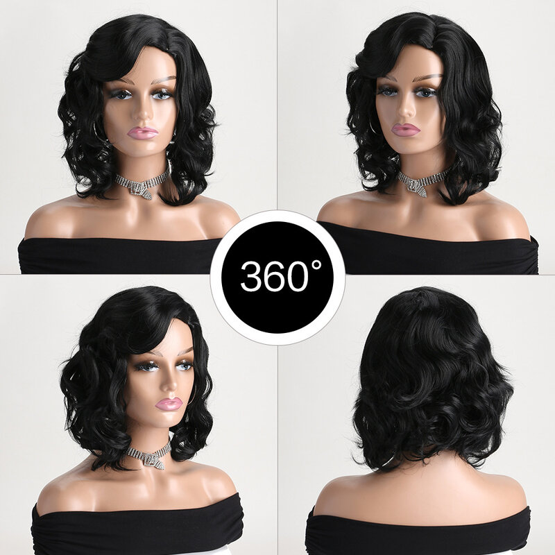 Short Curly Black Wigs for Women Synthetic Wavy Fake Hair Cosplay Party Breathable Wig