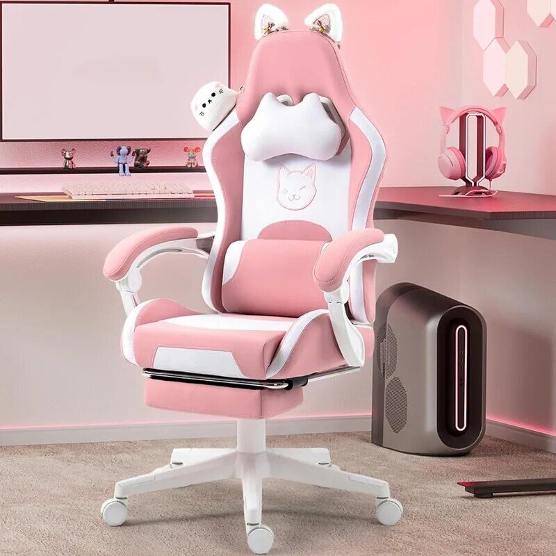Fotel gamingowy uroczy z kocimi uszami i stabilizator lędźwiowy do masażu, ergonomiczny krzesło do pracy na komputerze dla dziewczynki z podnóżkiem i zagłówkiem