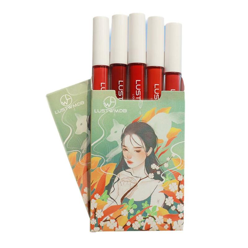 1box/5pcs Chinese Lip Glaze Set Cigarette Case Lipstick Matte Moisturizing Line Small Elegant Lipstick Anti-lip Summer Q7H0