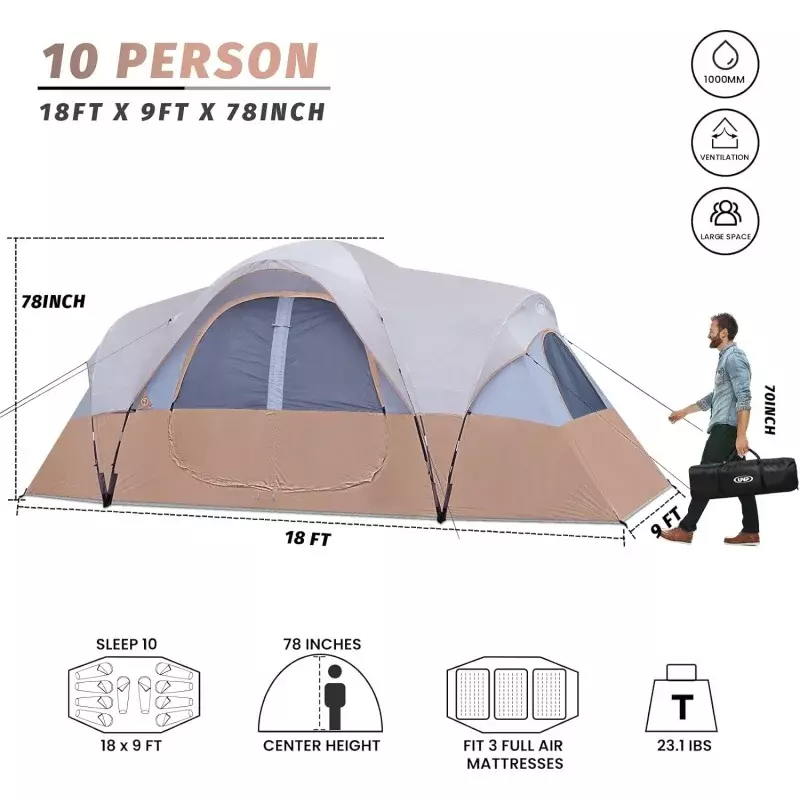 UNP Camping Tent 10-Person-Family Tents, Parties, Music Festival Tent, Big, Easy Up, 5 Large Mesh Windows, Double Layer, 2 Room,