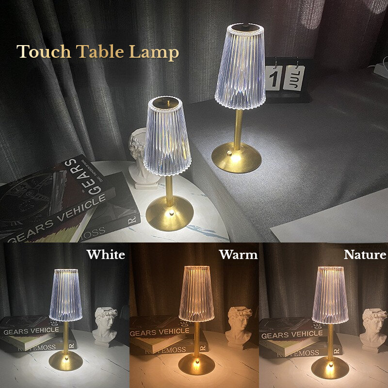 LED Crystal Table Lamp Modern Wireless Rechargeable Desk Lamp Restaurant/Hotel/Bar Decor Light Touch Dimming Bedside Night Light