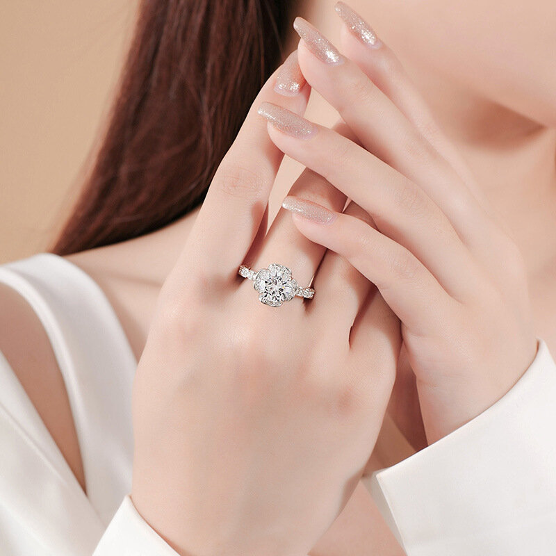 Anillo de moissanita de girasol de plata de ley s925 para mujer, anillo de lujo ligero, regalo de fiesta de compromiso para mujer