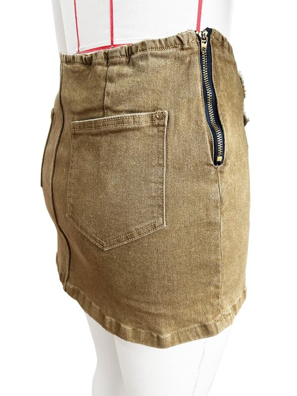Patch feminino bordado de borla bodycon denim mini saias, elástico na cintura, fecho de correr, jeans moderno, streetwear, moda