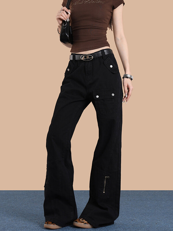 Calça de perna reta vintage feminina, design chique, bolsos múltiplos, estilo streetwear americano, cintura alta, jeans slim fit