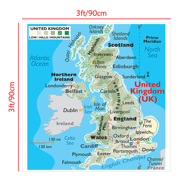 Mapa orográfico del Reino Unido, lienzo no tejido, póster de pared, decoración del hogar, suministros escolares, 90x90cm