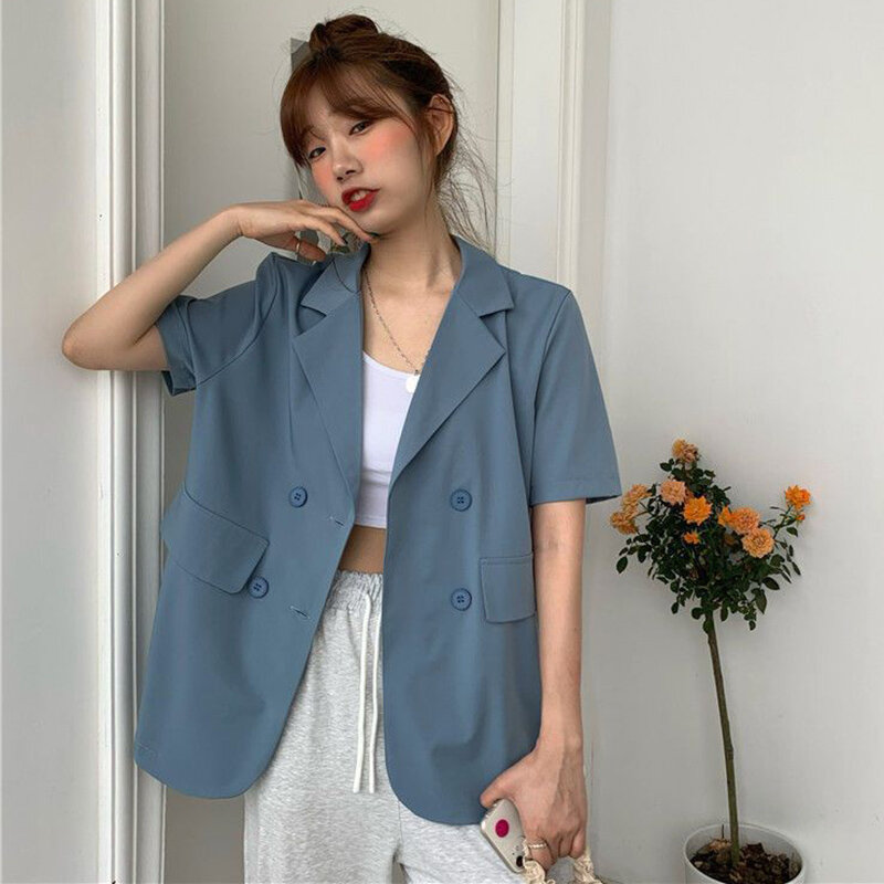 Summer Fashion Ol Short Sleeve Blazer Women Thin Lapel Neck Double-Breasted Suits Jacket Woman Solid Color Loose T Shirts Female