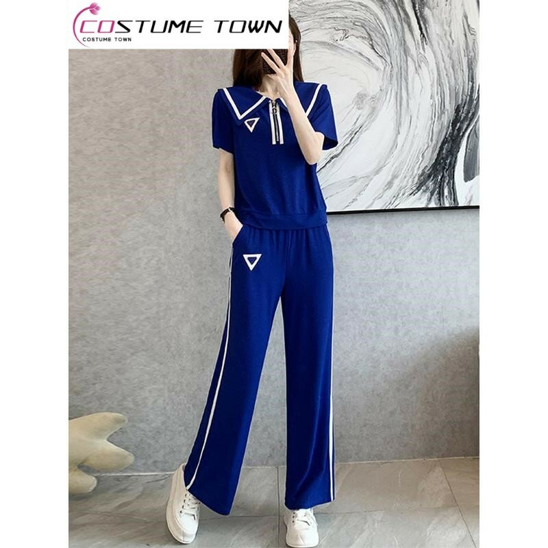 Sports and Leisure Suit Women's 2023 New Fashionable and Westernized Age Reducing Polo Wide Leg Pants Two Piece Set