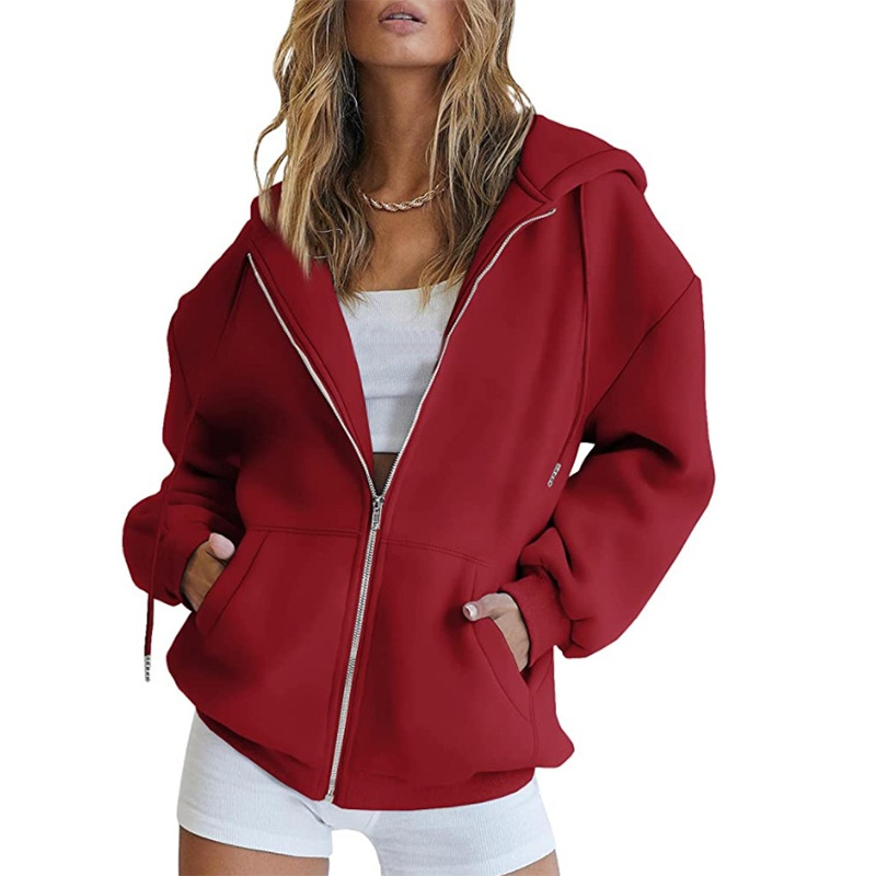 Fashion Women's Long Sleeve Full Zip Hooded Coat Top Solid Color Long Sleeve Loose Hooded Sweatshirt Zipper Jacket