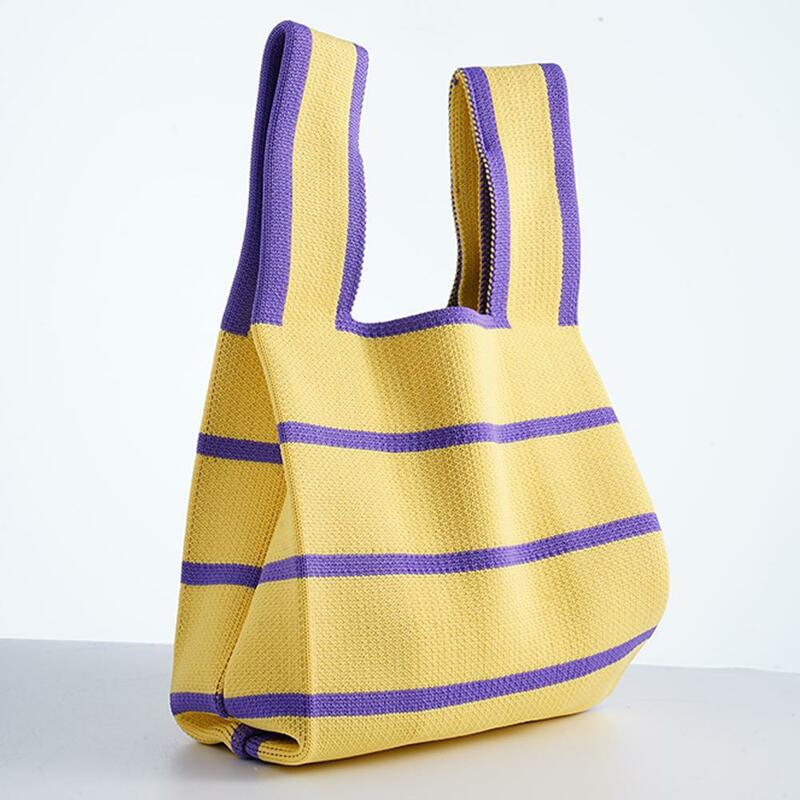 Bolsa de malha artesanal listrada larga para mulheres, bolsa de pulso mini nó, sacola portátil, moda casual coreana, sacolas de compras reutilizáveis
