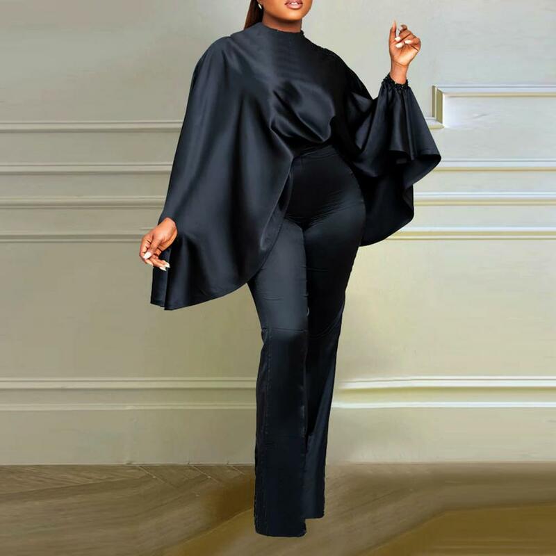 Conjunto feminino elegante de duas peças de cetim, top com gola O manga Batwing, calça de cintura alta, roupa inspirada na moda