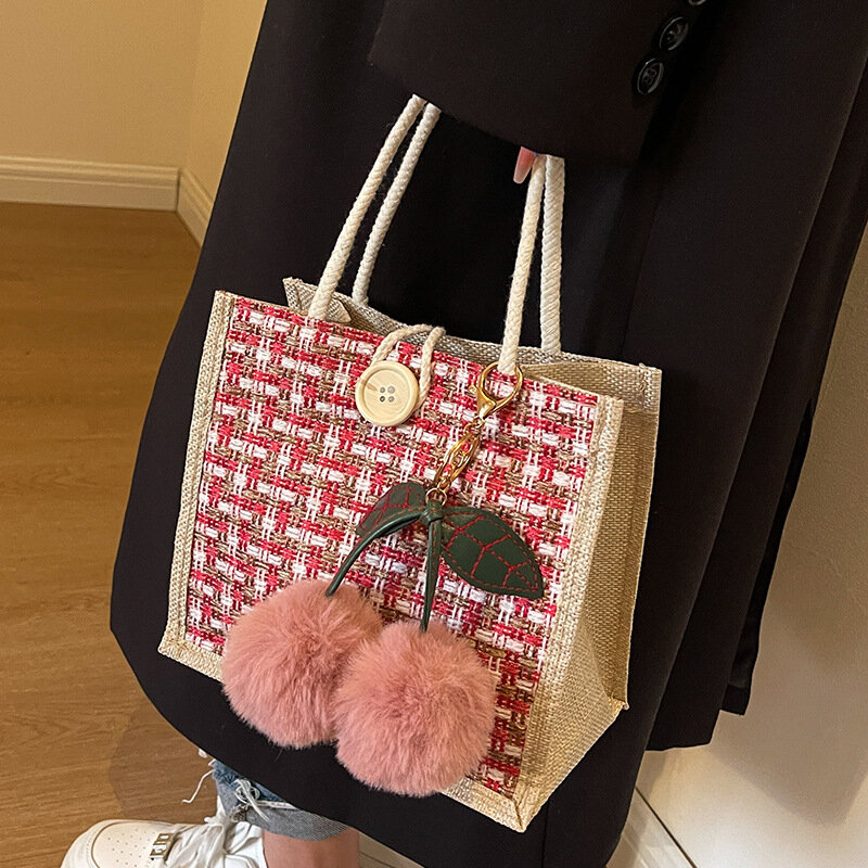 황마 꼰 핸드백 보호 수제 직조 작은 사각형 손잡이 가방, 세련된 접이식 에코 쇼핑백, 여름 해변 핸드백, 21x19x11cm