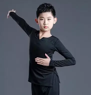 소년 어린이 라틴 댄스 원피스, 소년 연습복, 여름 라틴 대회 공연 의상, 셔츠 바지 세트