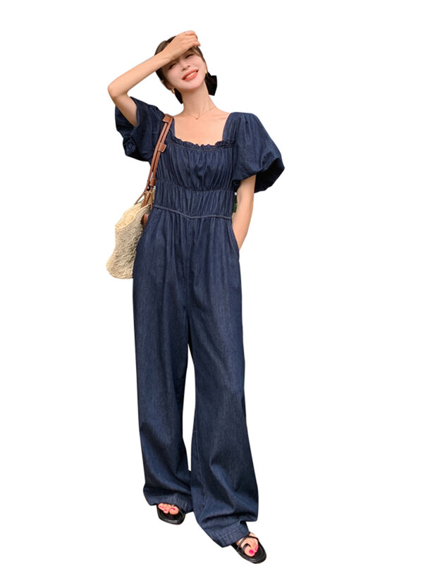 LANMREM Denim Jumpsuit For Women Square Collar Puff Sleeves Solid Color Elastic High Waist Jumpsuits Fashion Summer New 2Z1400