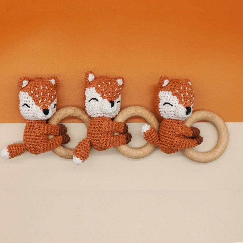 77HD Cotton Thread Crochet Animal Rattle Knitted Hand Bell Baby Teether Wooden Ring Handmade BPA Free Chewing Teething Toys