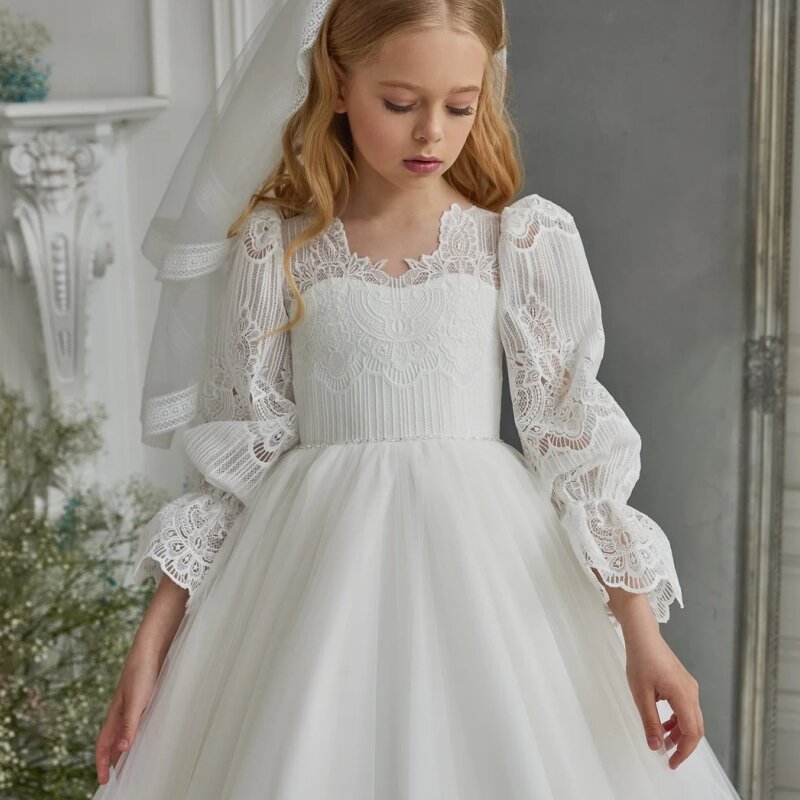 White Flower Girls Dresses Satin Tulle Hem Appliques Lace 3/4 Sleeves For Wedding Prom Birthday Party First Communion Gowns