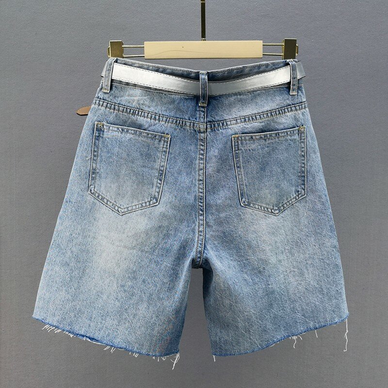 Shorts jeans frisados para mulheres, calças curtas casuais, shorts retos de perna larga, flor de aplique de cintura alta curto, buraco rasgado, verão