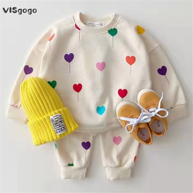 VISgogo niemowlęta wiosenne jesienne ubrania Baby Girl Boy nadruk Love Korean Style bluza spodnie dziecięce dwuczęściowy zestaw dresowy