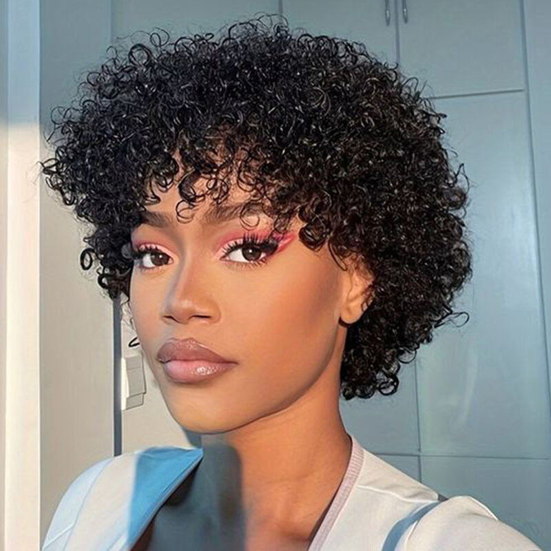 Short Pixie Afro Kinky Curly Wig Glueless Natural Brown Bob Wig with Bangs Brazilian Remy Human Hair Wigs Jerry Curly For Women