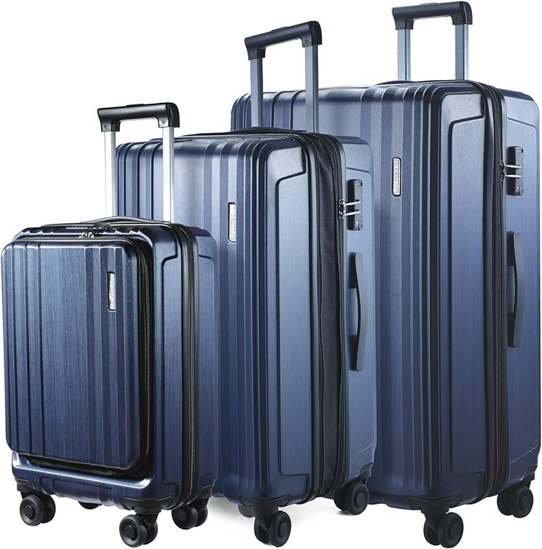 Комплект чемоданов из 3 предметов, передний карман для ноутбука 24/28 дюйма, расширяемый, из АБС-пластика и поликарбоната, легкий жесткий Спиннер, бесшумные колеса, Блокировка TSA, синий