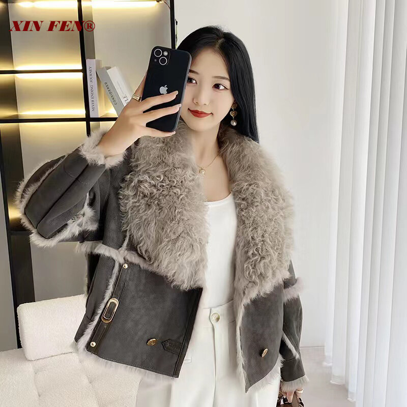 Winter Women Fur Jackets Real Naturally Rabbit Fur Lining Sheepskin Neck Short Coat Hot Selling Lnternet Celebrity Jacket