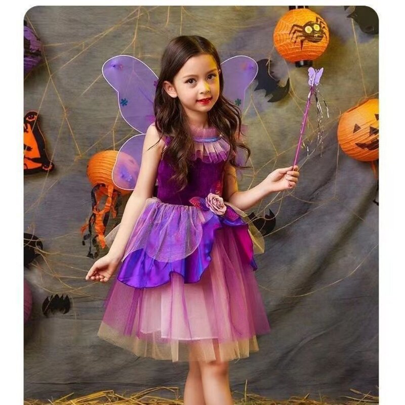 소녀 카니발 공주 드레스 업, 지팡이 날개 호박 가방, 할로윈 코스프레, 어린이 마녀 코스튬, 4 개 세트