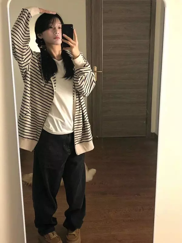 Deeptown Vintage Striped Oversized Hoodies Women Harajuku Kpop Zip Up Sweatshirts Korean Casual All-match Cardigan Grunge Gothic