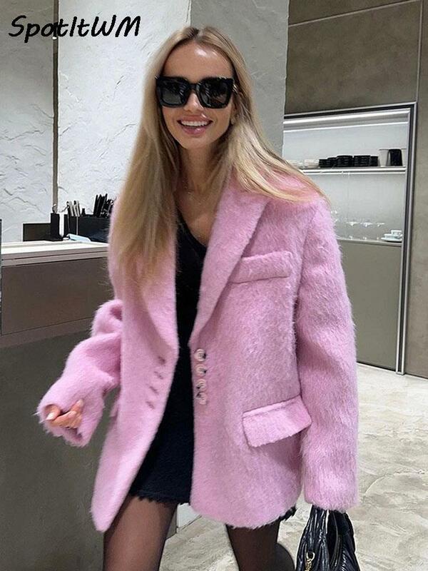 Cappotto da donna in peluche di lana Mohair elegante manica lunga sciolto femminile spesso colletto rovesciato giacca 2023 inverno Chic Office Lady