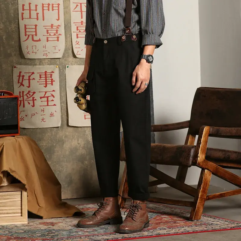 Macacão cáqui reto solto masculino, macacão casual, suspensórios elásticos, calça vintage de lazer, jovem japonês