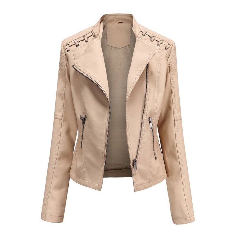 여성용 슬림 핏 PU 가죽 재킷, 모터 바이커 짧은 코트, 스탠드 칼라, 지퍼 아우터, 용수철 가을, 2024 신상