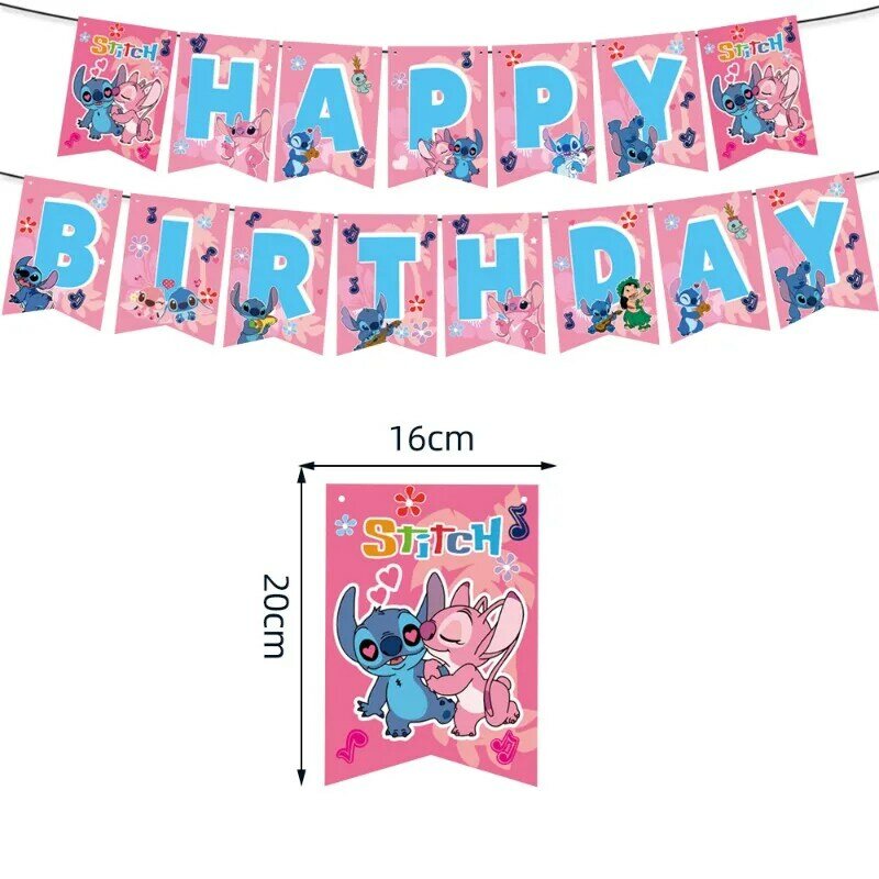 Disney Pink Interstellar Stitch Angel Birthday Party Decoration Flag Pulling Balloon Cake Flag Insertion Spiral Set Supplies