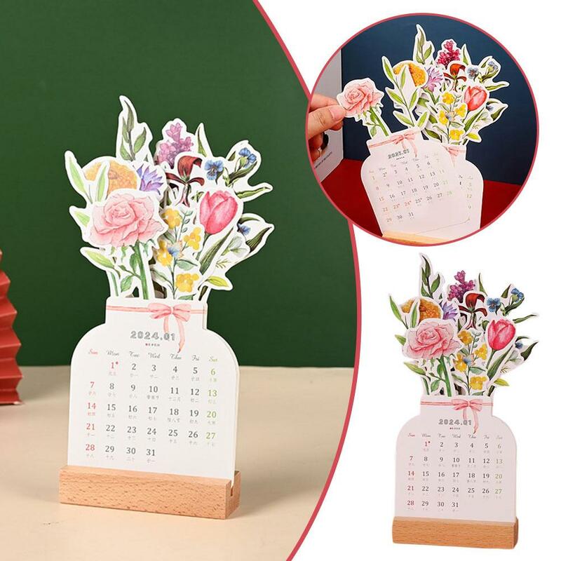 Kalender meja bunga kreatif 2024, perlengkapan dekorasi kalender kartu kayu kualitas tinggi Desktop