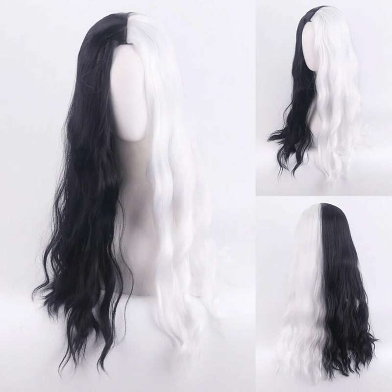 Cosplay Halloween Party Wigs CRUELLA Deville De Vil Black White With Bangs Short Bob Hair for Women Heat-Resistant Synthetic Wig