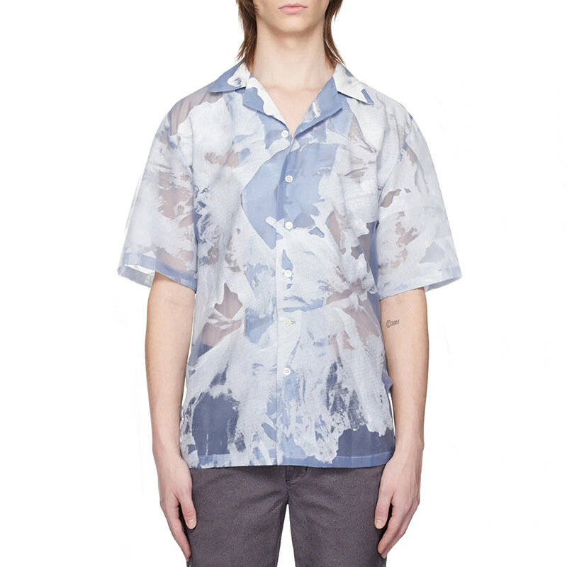 남성용 캐주얼 원근법 슬림핏 긴팔 셔츠, 섹시한 단색 셔츠, 용수철 의류