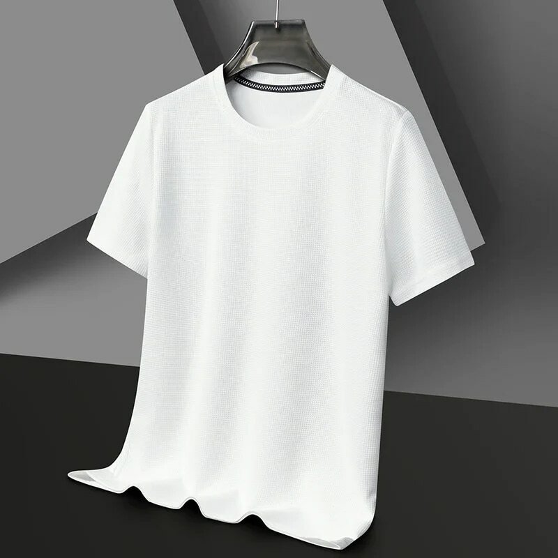 Новая летняя вафельная футболка с круглым вырезом и коротким рукавом для мужчин, топ с коротким рукавом