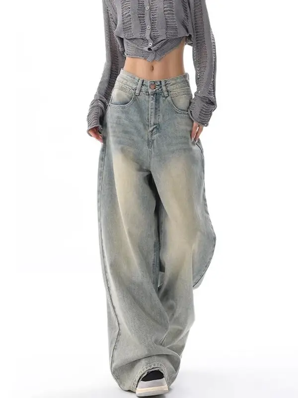Женские свободные джинсы в стиле Харадзюку, синие джинсы с высокими широкими штанинами, повседневная одежда в американском стиле, Y2k, весна