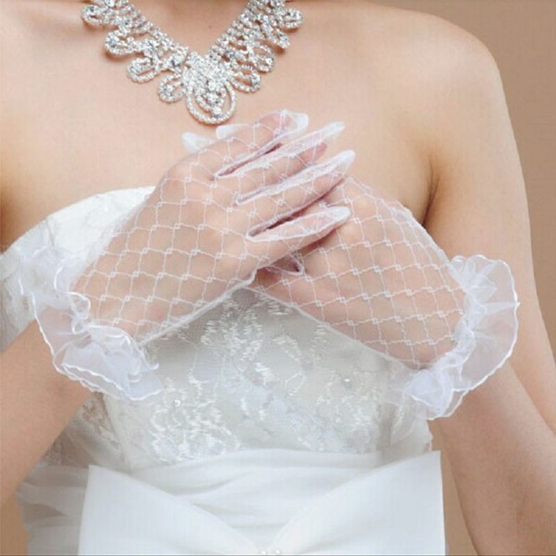652F White Bridal Wedding Short Gloves Full Fingered Transparent Gauze Ruffle Lace Trim Wrist Length Party Mittens