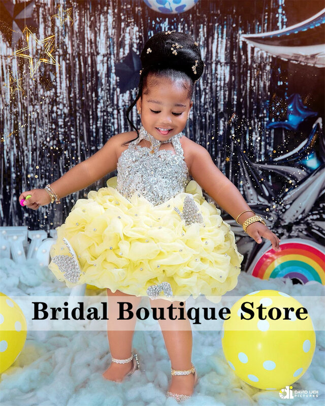 Gaun ulang tahun anak perempuan bunga lucu kontes kecantikan manik-manik mutiara berlian imitasi kristal berkilau gaun putri kuning