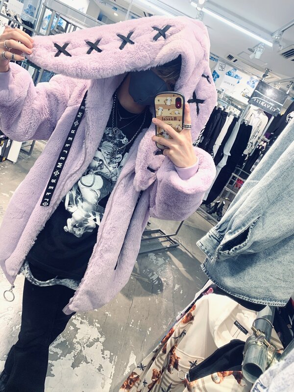 일본 하라주쿠 토끼 귀 모피 보라색 코트 여성용, 다크 펑크 중간 길이 지퍼 플러시 코트, 스트리트 2023 겨울 신상