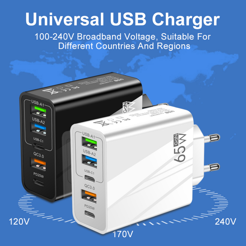 GaN USB 충전기 PD C타입 고속 충전 휴대폰 충전기 전원 어댑터, 아이폰 15, 14, 샤오미, 삼성, EU, US 플러그, 벽 충전기, 65W
