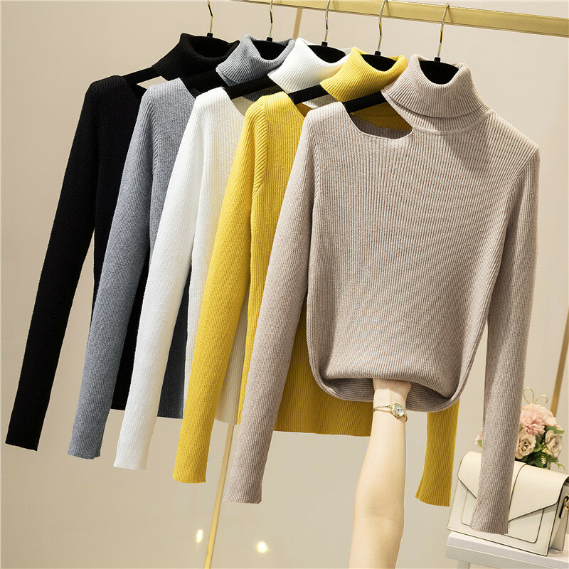 Suéter de malha com gola alta feminino, blusa de manga comprida, pulôver slim fit, roupa interior, outono, inverno, novo, 2023