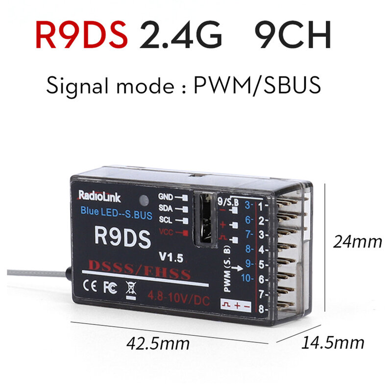RadioLink R9DS 2.4G 9CH DSSS & FHSS Receiver for RadioLink AT9 AT10 Transmitter RC Multirotor Support For S-BUS PWM