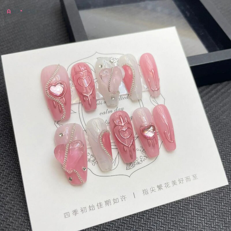 Blush Pink Handmade Fake Nails Love Heart Designed Long Ballet Press on Nails Full Cover Wearable False Nails for Women 10Pcs